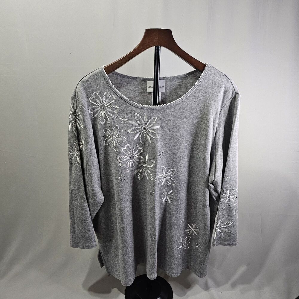 Alfred Dunner PS Gray Knit Top Floral Embroidered Beaded 3/4 Sleeve Cottagecore
